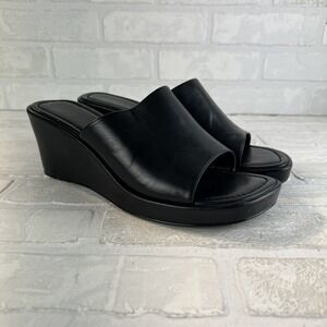 Ann Taylor Slides Women 10 Black Leather Platform Wedge‎ Open Toe Chunky 90s Y2K
